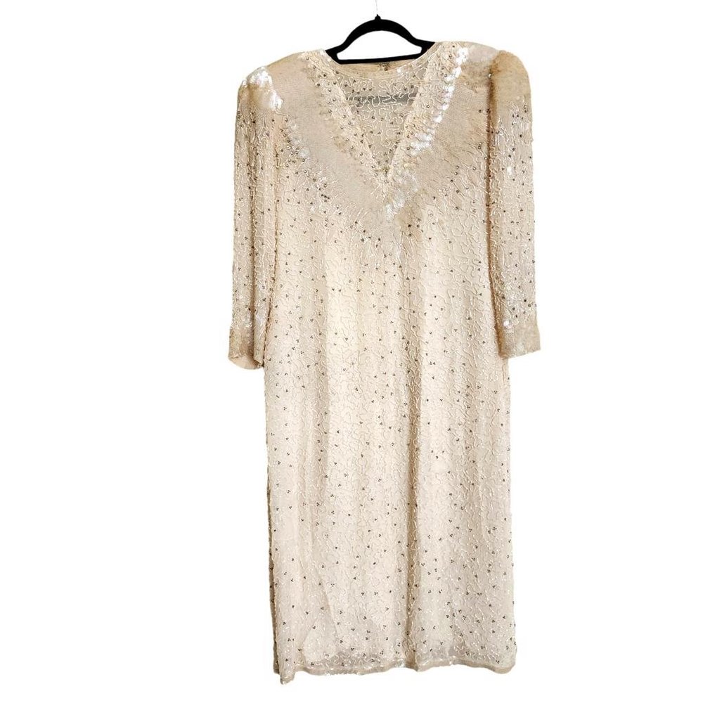 Vintage Women's Cream Beaded Sequins 100% Silk Party Long Dress Size 14